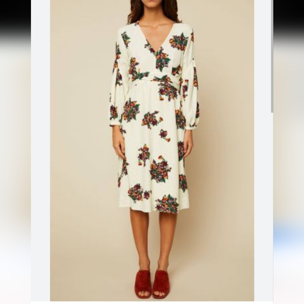 Ba&sh Floral Dress V Neck Long Flowy Sleeve Midi Cream Off White Women's Size 6